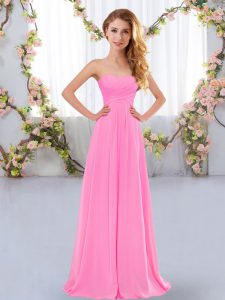 High Quality Rose Pink Empire Sweetheart Sleeveless Chiffon Floor Length Lace Up Ruching Quinceanera Court of Honor Dress