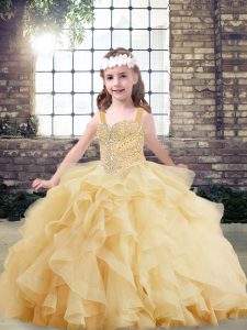 Elegant Floor Length Gold Child Pageant Dress Straps Sleeveless Lace Up