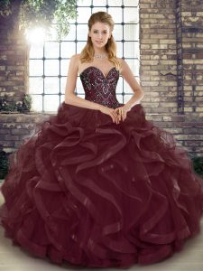 Luxurious Burgundy Lace Up Sweetheart Beading and Ruffles Vestidos de Quinceanera Tulle Sleeveless