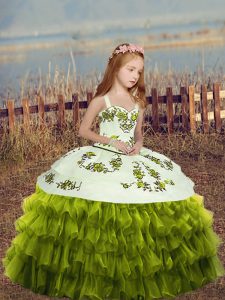 Stunning Green Ball Gowns Embroidery and Ruffled Layers Little Girl Pageant Gowns Lace Up Organza Sleeveless Floor Length