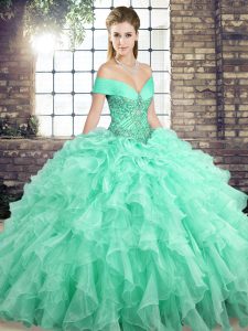 Colorful Apple Green Ball Gown Prom Dress Organza Brush Train Sleeveless Beading and Ruffles