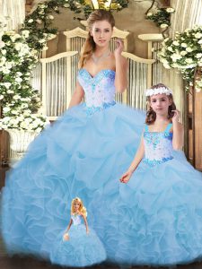 Sleeveless Organza Floor Length Lace Up Party Dress Wholesale in Blue with Beading and Ruffles
