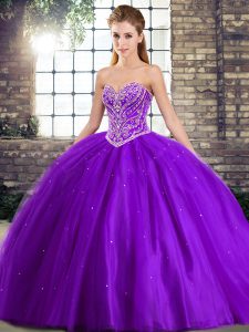 Brush Train Ball Gowns Quinceanera Dress Purple Sweetheart Tulle Sleeveless Lace Up