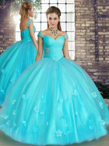 Aqua Blue Lace Up Sweet 16 Dress Beading and Appliques Sleeveless Floor Length