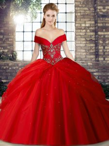 Red Tulle Lace Up Off The Shoulder Sleeveless Quinceanera Dress Brush Train Beading and Pick Ups