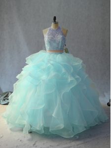 Beading and Ruffles Quinceanera Gown Light Blue Backless Sleeveless Floor Length