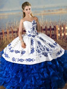 Affordable Floor Length Lace Up Vestidos de Quinceanera Blue And White for Sweet 16 and Quinceanera with Embroidery and Ruffles