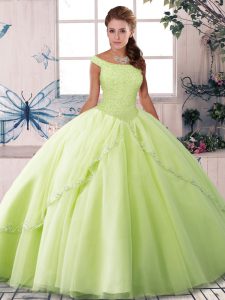 Yellow Green Ball Gowns Beading 15th Birthday Dress Lace Up Tulle Sleeveless