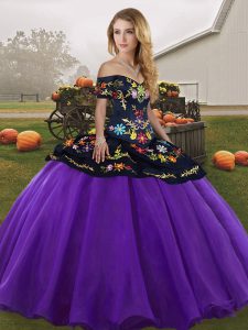 Purple Ball Gowns Tulle Off The Shoulder Sleeveless Embroidery Floor Length Lace Up Casual Dresses