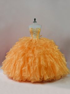 Shining Orange Ball Gowns Sweetheart Sleeveless Organza Floor Length Lace Up Beading and Ruffles Vestidos de Quinceanera