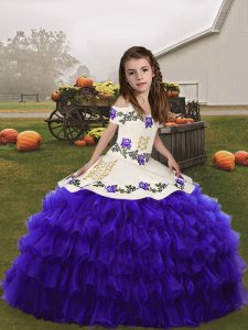 Super Purple Organza Lace Up Little Girl Pageant Dress Sleeveless Floor Length Embroidery and Ruffled Layers