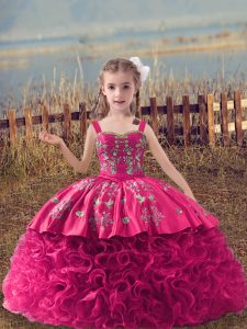 Custom Fit Embroidery Girls Pageant Dresses Hot Pink Lace Up Sleeveless Sweep Train