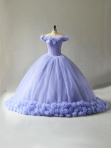 Dynamic Sleeveless Hand Made Flower Lace Up 15 Quinceanera Dress with Lavender Court Train