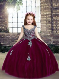 Affordable Sleeveless Floor Length Appliques Lace Up Pageant Dress Wholesale with Fuchsia