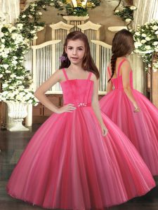 Dramatic Tulle Straps Sleeveless Lace Up Beading Pageant Dress for Teens in Hot Pink