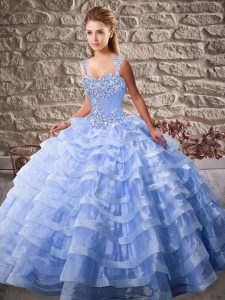 Lavender Ball Gowns Beading and Ruffled Layers Sweet 16 Dresses Lace Up Organza Sleeveless