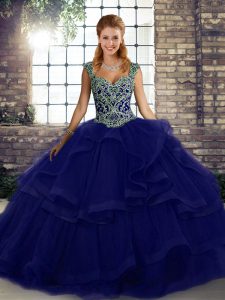 Fine Floor Length Purple Quince Ball Gowns Tulle Sleeveless Beading and Ruffles