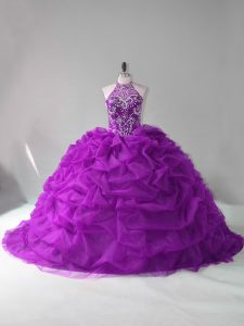 Sleeveless Organza Court Train Lace Up Quinceanera Gowns in Purple with Beading and Pick Ups