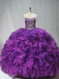 Purple Ball Gown Prom Dress Sweet 16 and Quinceanera with Beading and Ruffles Sweetheart Sleeveless Brush Train Lace Up