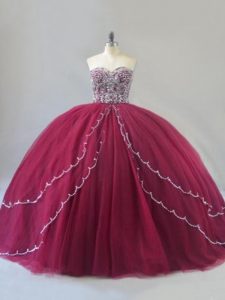 Discount Burgundy Ball Gown Prom Dress Sweet 16 and Quinceanera with Beading Sweetheart Sleeveless Brush Train Lace Up