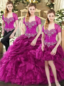 Best Selling Three Pieces Sweet 16 Quinceanera Dress Fuchsia Sweetheart Organza Sleeveless Floor Length Lace Up
