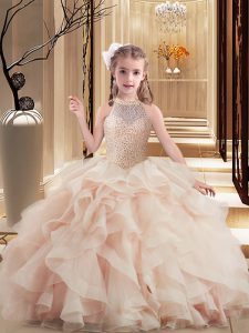 Sleeveless Brush Train Lace Up Floor Length Beading Little Girls Pageant Gowns