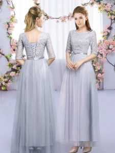 Lovely Grey Empire Scoop Half Sleeves Tulle Floor Length Lace Up Lace and Belt Quinceanera Court Dresses