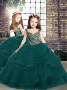 Dazzling Floor Length Peacock Green Girls Pageant Dresses Straps Sleeveless Lace Up