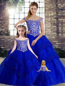 Trendy Royal Blue Sleeveless Tulle Brush Train Lace Up Quince Ball Gowns for Military Ball and Sweet 16 and Quinceanera