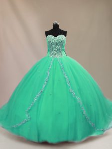 Stunning Turquoise Lace Up Vestidos de Quinceanera Beading Sleeveless Court Train