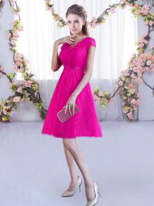 Luxurious Mini Length A-line Cap Sleeves Hot Pink Damas Dress Lace Up