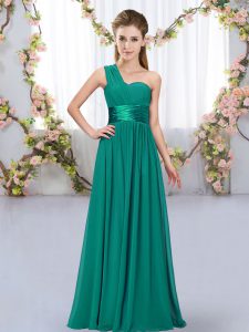 Graceful Sleeveless Floor Length Belt Lace Up Damas Dress with Peacock Green
