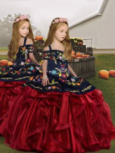 Floor Length Lace Up Kids Pageant Dress Wine Red for Party and Wedding Party with Embroidery and Ruffles