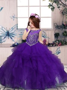 Latest Scoop Sleeveless Little Girls Pageant Dress Floor Length Beading and Ruffles Purple Organza