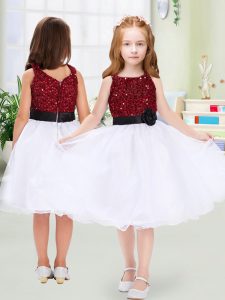 White Sleeveless Knee Length Sequins and Hand Made Flower Zipper Little Girl Pageant Dress
