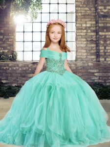 Excellent Apple Green Ball Gowns Beading Kids Pageant Dress Lace Up Tulle Sleeveless Floor Length