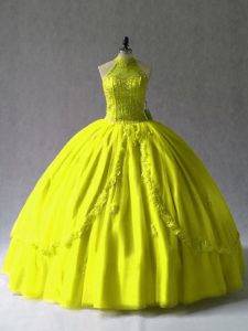 Custom Fit Floor Length Yellow Green Quinceanera Gown Halter Top Sleeveless Lace Up