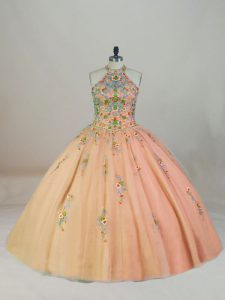 Peach Sleeveless Appliques and Embroidery Lace Up Ball Gown Prom Dress