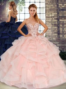 Best Baby Pink Tulle Lace Up Quinceanera Dresses Sleeveless Floor Length Beading and Ruffles