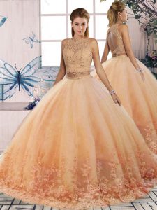 Noble Peach Tulle Backless Scalloped Sleeveless 15 Quinceanera Dress Sweep Train Lace