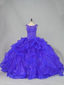 Dazzling Blue Ball Gown Prom Dress Organza Brush Train Sleeveless Beading and Ruffles