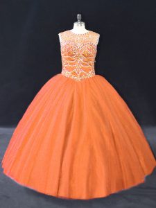 Super Floor Length Orange Sweet 16 Dresses Tulle Sleeveless Beading