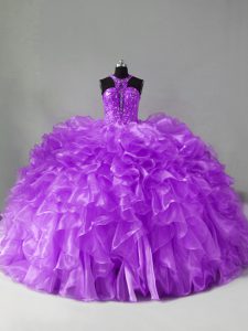 Purple Zipper 15 Quinceanera Dress Beading and Ruffles Sleeveless Brush Train