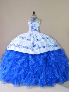 Royal Blue Lace Up Sweet 16 Dresses Embroidery and Ruffles Sleeveless Court Train