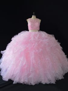 Smart Baby Pink Two Pieces Beading Quinceanera Gowns Zipper Organza Sleeveless Floor Length