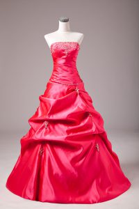 Discount Hot Pink Taffeta Lace Up Strapless Sleeveless Floor Length Quinceanera Dresses Beading and Appliques