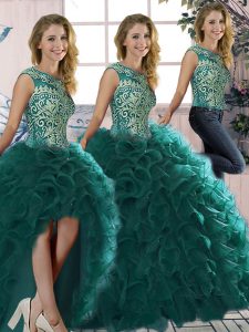 Peacock Green Sweet 16 Quinceanera Dress Military Ball and Sweet 16 and Quinceanera with Beading and Ruffles Scoop Sleeveless Lace Up