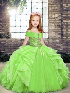 Pretty Off The Shoulder Sleeveless Kids Pageant Dress Floor Length Beading and Ruffles Organza