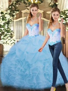 Discount Floor Length Lace Up Ball Gown Prom Dress Blue for Sweet 16 and Quinceanera with Beading and Ruffles