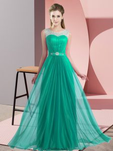 Fancy Scoop Sleeveless Damas Dress Floor Length Beading Turquoise Chiffon